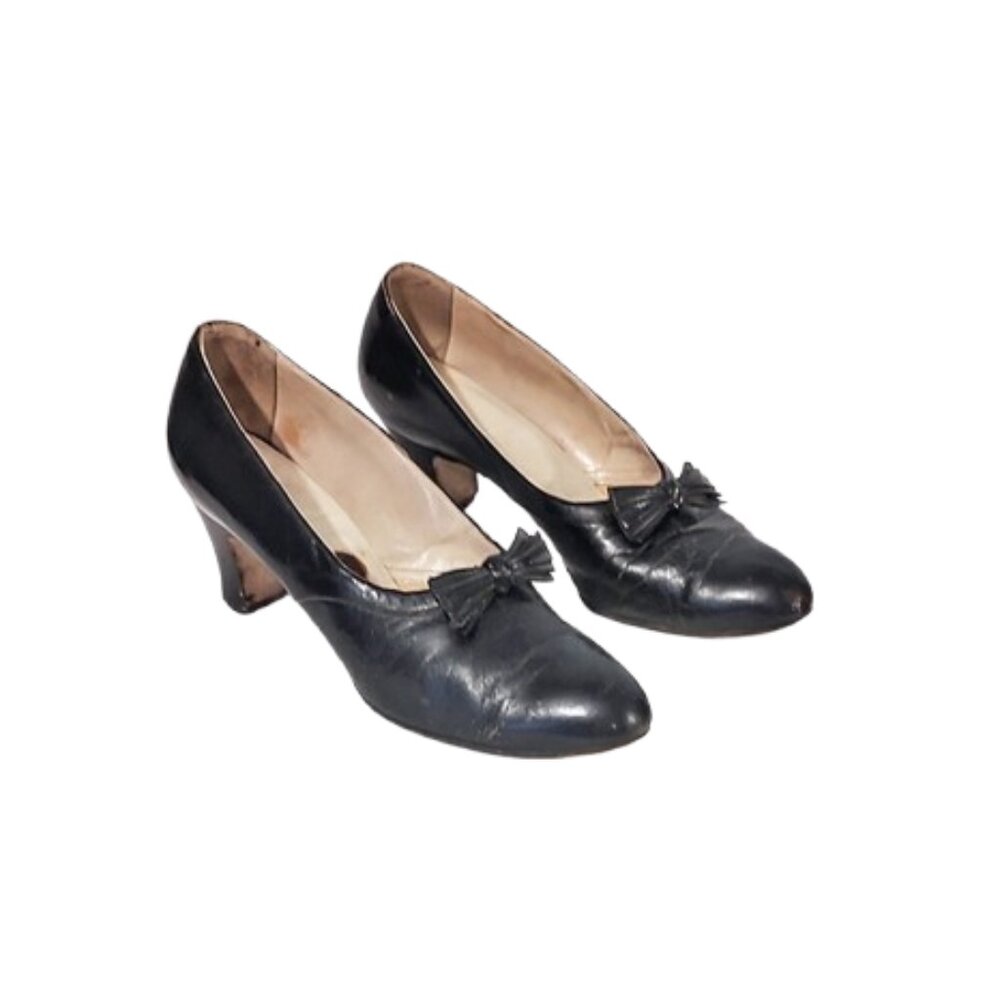 1930s True Vintage Black Leather High Heels Shoes With Bows And Pointed Toes